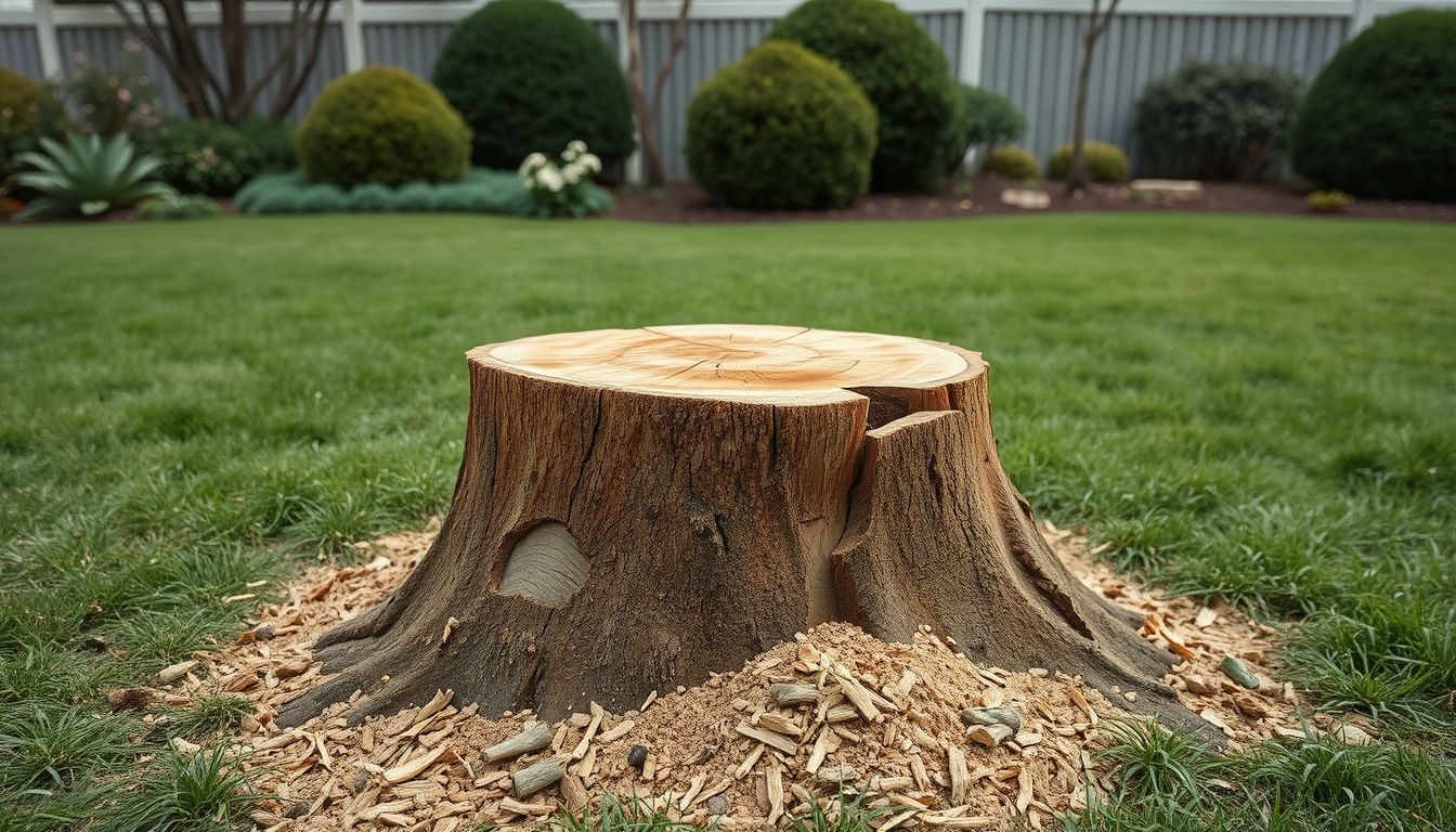 Gefräster Baumstumpf mit Holzspänen auf einer Rasenfläche